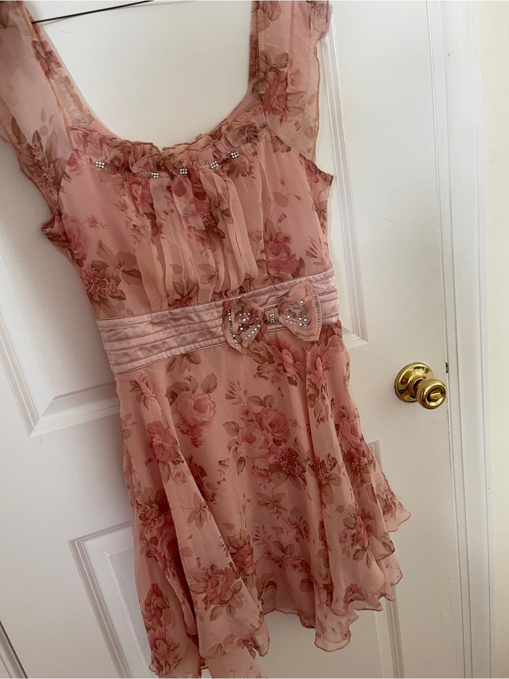 Floral Pink Chiffon Bow-Accent Formal Dress